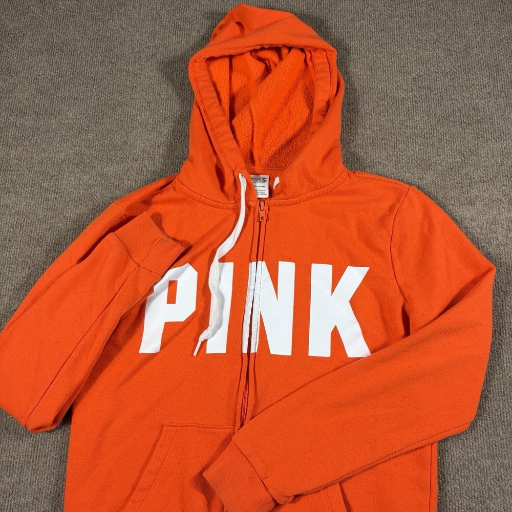 Victoria's Secret PINK Hoodie Orange‎ Full Zip Size S small PINK Chest Print